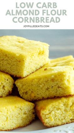 low carb cornbread on a plate with text overlay that reads low carb almond flour cornbread