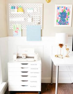 a white dresser sitting next to a desk with a computer on top of it in a room