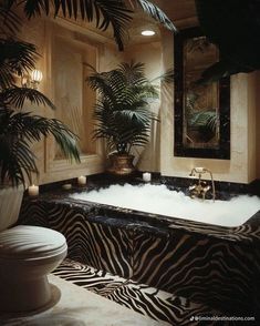 a zebra print bath tub in a bathroom