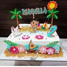 a birthday cake decorated with cartoon characters and flowers