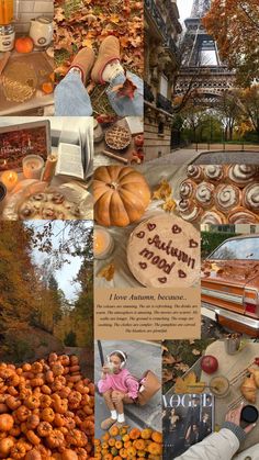 a collage of photos with pumpkins and other things