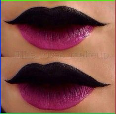 Top Lip Black Lipstick, Dark Upper Lip Lipstick, Black Pink Lipstick, Top Black Lip Makeup, Pink And Black Make Up Looks, Top Lip Lipstick, Two Toned Lipstick, Pink And Black Halloween Makeup, Dark Top Lip Makeup