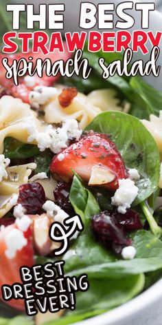 the best strawberry spinach salad recipe is in this postcard style photo with text overlay