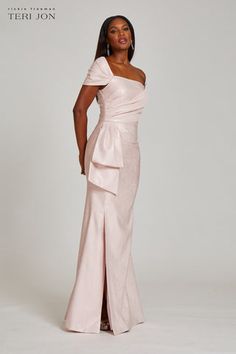 Metallic Jacquard Ruffle Gown | Teri Jon – Terijon.com Elegant One-shoulder Dress With Ruffles For Gala, Elegant One Shoulder Dress With Ruffles, Elegant One Shoulder Dress With Ruffles For Prom, Elegant One-shoulder Evening Dress With Ruffles, Blush Mother Of The Bride Dress, Blush Evening Dress, Asymmetric Gown, Black Tie Events, Skirt Draping