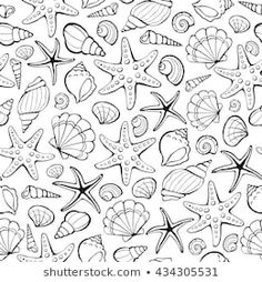 an abstract black and white pattern with sea shells, starfishs and seashells