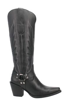 Intricate eagle-shaped stitching furthers the Western style of a knee-high boot embellished with harness straps at the ankle. 2 1/2" heel 16" shaft Removable insole Leather upper/textile lining/rubber sole Imported Leather Knee-high Heeled Boots For Rodeo, Black Knee-high Boots For Rodeo, Western Black Knee-high Boots With Reinforced Heel, Western Style Black Knee-high Boots With Reinforced Heel, Black Western Knee-high Boots With Reinforced Heel, Black Knee-high Heeled Boots For Rodeo, Black Leather Mid-calf Boots For Western-themed Events, Black Leather Mid-calf Boots For Western Events, Western Black Leather Knee-high Boots