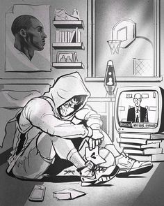 a drawing of a man sitting on the floor in front of a tv watching television