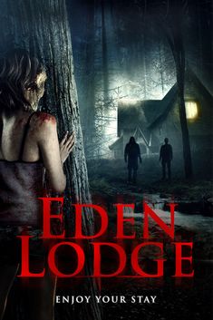 the poster for eden lodge, which features two people standing in front of a tree