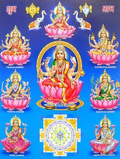 the seven avatars of lord ganesha on a blue background with gold border