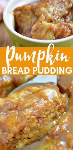 pumpkin bread pudding in a green bowl