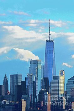 the skyline of new york city with one world trade center in the foreground