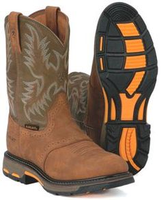 Ariat Aged Bark Workhog w. Army Green Tops | Cavender's Ariat Work Boots, Insulated Work Boots, Outfit Cowboy, Square Toe Western Boots, Boot Pulls, Ariat Boots, Mens Cowboy, Mens Cowboy Boots, Dress Boots