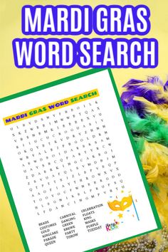 the mardi gras word search is shown in front of a mask and beads