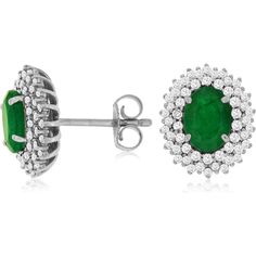 Royal 14K White Gold Emerald and Diamond Halo Stud Earrings - 0.50 Carat Total Diamond Weight, 1.40 Carat Total Emerald Weight Luxury Green Diamond Earrings With Prong Setting, Luxury Emerald Earrings With Diamond Accents, Emerald Diamond Earrings For Formal Events, Emerald Diamond Earrings For Formal Occasions, Green Brilliant Cut Diamond Earrings, Formal Emerald Diamond Earrings, Classic Emerald Diamond Earrings Gia Certified, Gia Certified Emerald Earrings For Formal Occasions, Classic Gia Certified Emerald Diamond Earrings