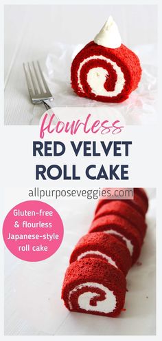 red velvet roll cake with white frosting on top and the words, flourless red velvet roll cake