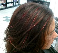 Red Tinsel In Brown Hair, Red Tinsel Hair, Red Hair Tinsel, Fairy Hair Tinsel, Black Red Hair, Wine Red Hair