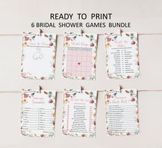 the printable bridal shower games bundle is shown on a white background with flowers