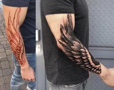 two photos side by side, one with a tattoo on the arm and the other with an eagle