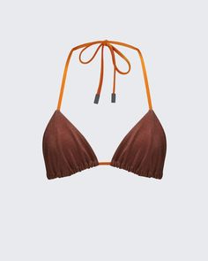 Brown Stretch Triangle Top Swimwear, Fitted Triangle Halter Top With Padded Cups, Brown Nylon Swimwear For The Beach, Brown Triangle Halter Top For Beachwear, Brown Stretch Swimwear For Party, Brown Fitted Nylon Swimwear, Fitted Brown Nylon Swimwear, Party Stretch Brown Swimwear, Brown Fitted Swimwear For Pool