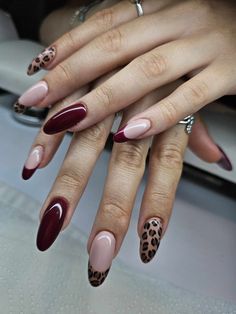 slayin' 2021 Nail Trends, Red With Leopard Print Nails, Red Leopard Nail Designs, Leopard Print Nails Almond Shape, Burgundy And Cheetah Nails, Red And Cheetah Print Nails, Red Lepord Print Nail, Fall Leopard Nail Designs, Nail Leopard Design