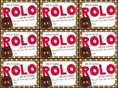 four rows of red and brown labels with words on them that say, rollo rolo