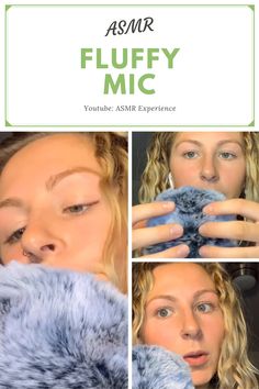 a woman holding up a blue object in front of her face with the caption asmr fluffy mic