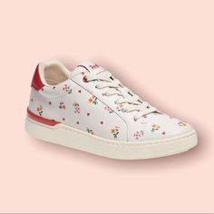 New With Tags Coach Low Top Leather Sneakers Supple Soft Leather Cute Flower Print Coach Sneakers, Tennis Sneakers, Coach New York, Coach Logo, Leather Cap, Cute Flower, Platform Sneaker, Suede Lace, A Bathing Ape