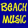 the words beach music online written in yellow on a blue background