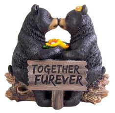 two black bears sitting on top of a wooden sign with flowers in their mouths and the words together, furever