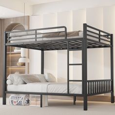 Space-Saving Metal Bunk Bed Design: This space-saving queen over queen metal bunk bed meets all your needs and expectations. Features easy access guardrails, build-in ladder and thick metal tube support slat system. Accommodating 2 Queen size mattress, this sturdy metal bunk bed will last through years of play. Raised Guardrail & Safety Ladder : The upper twin bed comes with a 12.5 inch high safety guard, which can prevent your child from accidentally falling down. And the queen over queen bunk Queen Bunk Bed, Adult Bunk Beds, Safety Ladder, Queen Bunk Beds, Bed With Ladder, Queen Size Mattress, Modern Bunk Beds, Beds For Small Spaces, Metal Bunk Bed