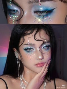 Fairy Douyin Makeup, Gothic Douyin Makeup, Makeup With Pearls, Makeup Concert, Grwm Aesthetic, Music Festival Makeup, Diamond Makeup, Wonderland Makeup, Artsy Makeup