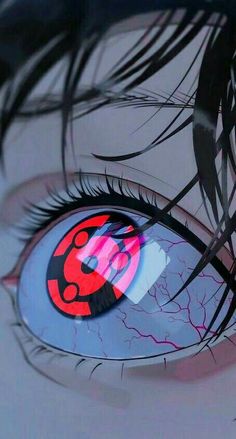 an anime character's eye with red and black circles on the iris, looking down