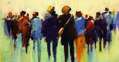 an abstract painting of people walking together in the rain, with yellow and blue colors