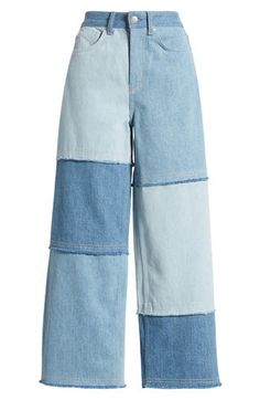 Rock a creative, free-spirited look in frayed, ankle-cropped wide-leg jeans made with a mix of denim shades for a groovy patchwork effect. 27" inseam; 21" leg opening; 11" front rise Button fly Five-pocket style 88% cotton, 11% recycled cotton, 1% elastane Machine wash, tumble dry Made in Turkey Cropped Wide Leg Jeans, Patchwork Jeans, Rock A, Free Spirited, Recycled Cotton, Wide Leg Jeans, Denim Pants, Leg Jeans, Top Brands