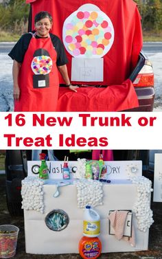 two pictures with the words 16 new trunk or treat ideas on them and an image of a