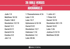 the bible verses about archangels are displayed on a white background with red border