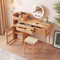 a wooden desk with drawers and a mirror on it's wall next to a potted plant