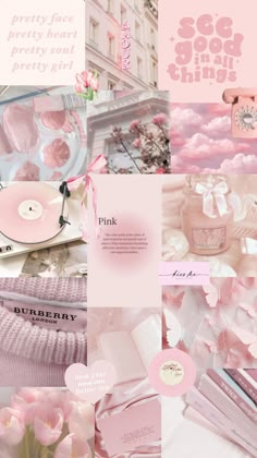 pink collage with flowers and other items