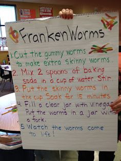 A fun science experiment using gummy worms! October Activities, Halloween Science, Halloween Writing, Kid Science, Hallowen Ideas, Stem Teacher, Halloween Classroom, Science Lesson, Kid Experiments