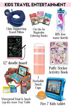 kids'travel entertainment items including an ipad, water bottle, and other things to play with