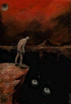 a painting of a man standing on top of a cliff looking at the moon in the sky