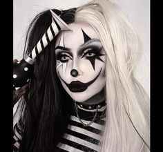 Black And White Clown Costume Diy, Black White And Red Clown Makeup, Punk Clown Costume, Scary Female Clown Makeup, Creepy Girl Clown Makeup, Twisted Clown Makeup, Clown Skeleton Makeup, Scary Mime Makeup, Clown Makeup White Face