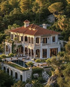 this is an aerial view of a mansion in the hills with trees and bushes surrounding it