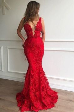 Prom Dresses Mermaid Red, Formal Dresses Red, Feather Prom Dress, Red Formal Dresses, Red Lace Prom Dress, 2021 Prom Dresses, Red Mermaid, Dresses Mermaid, Long Sleeve Gown