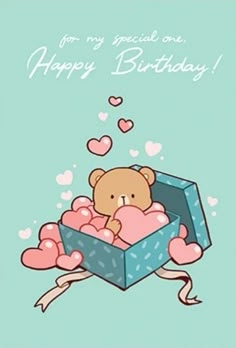 a greeting card with a teddy bear in a box and hearts floating out of it