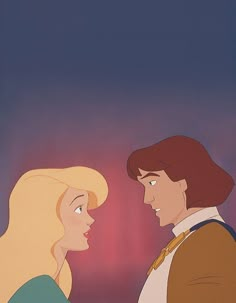 the princess and prince face to face in front of a purple background with lights behind them