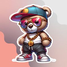 a teddy bear wearing sunglasses and a hat with chains on it's neck, standing in front of a pink background