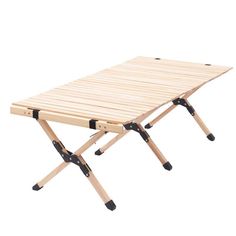 a wooden table with two legs and a tray on the top that is attached to it