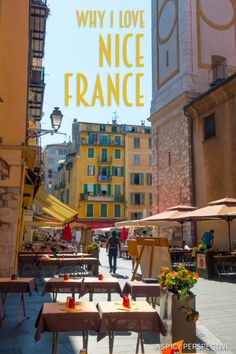 an outdoor cafe with tables and umbrellas on the sidewalk in front of buildings that read, why i love nice france