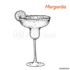 margarita cocktail in a glass with lemon slice and garnish on the rim, hand drawn